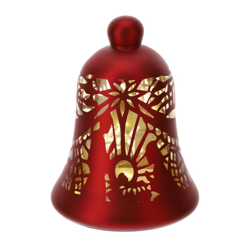 Campana Natività in Vetro Rosso con luce led – Hervit Creations Hervit Natale La Campana Natività in Vetro Rosso con luce led di Hervit Creations è un ornamento decorativo a campana di colore rosso, con disegni ritagliati che lasciano trasparire la luce calda dei LED, aggiungendo un tocco festoso ed elegante al vostro arredamento.