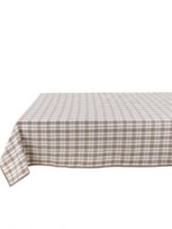 Un tavolo rettangolare è decorato con il Tovaglia Cotone Cerato a quadretti Country Farmhouse Blanc Mariclo, caratterizzato da un disegno a scacchi beige e bianchi ordinatamente drappeggiati per un affascinante stile country farmhouse.