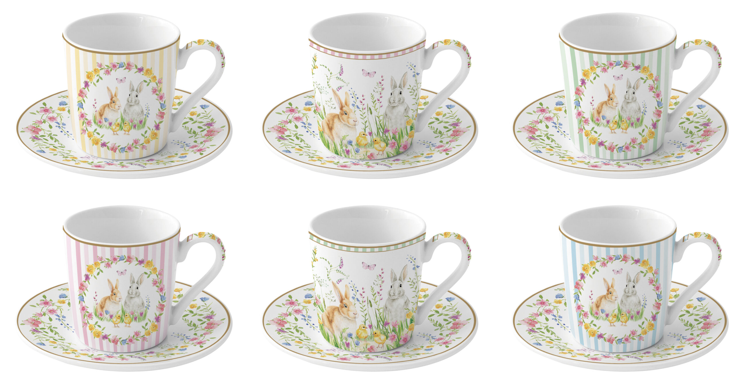 Set 6 tazzine caffè – Linea Happy Easter – Easy Life Pasqua 2 Il Set 6 tazzine caffè della Linea Happy Easter di Easy Life è caratterizzato da tazzine giallo pastello, rosa, blu e bianche con motivi floreali e fulvi, deliziosamente disposte per una tavola pasquale festosa.