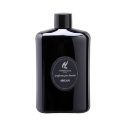 Un flacone nero rettangolare da 400 ml con un tappo nero rotondo con la scritta "Argan - Profuma Bucato - Hypno Casa" in bianco.