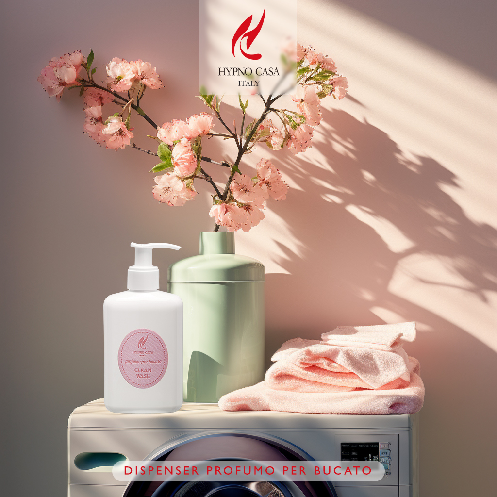 Un flacone di profumo per bucato Hypno Casa Italy si trova su una lavatrice accanto ad asciugamani rosa piegati, un vaso verde con fiori di ciliegio rosa e la luce soffusa del sole. Il testo recita: "Dispenser profumo per bucato".
