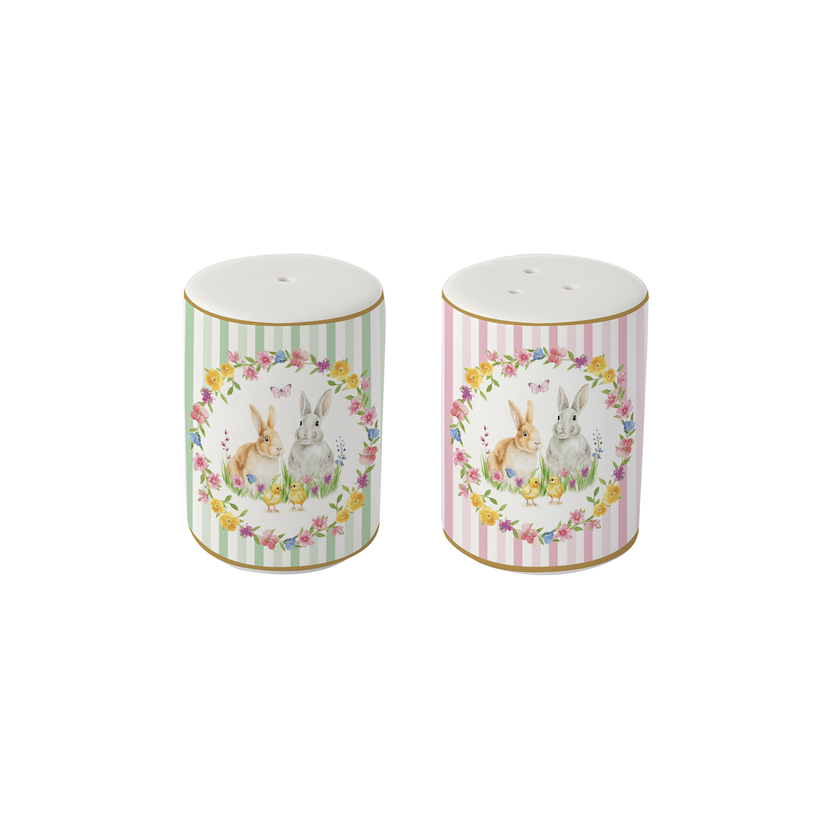Sale e Pepe – Linea Happy Easter – Easy Life Pasqua I bicchierini Sale e Pepe della collezione Linea Happy Easter di Easy Life sono caratterizzati da strisce pastello - verde su uno, rosa sull'altro - e presentano due conigli in una ghirlanda floreale, perfetti per aggiungere fascino alla tavola di Pasqua.