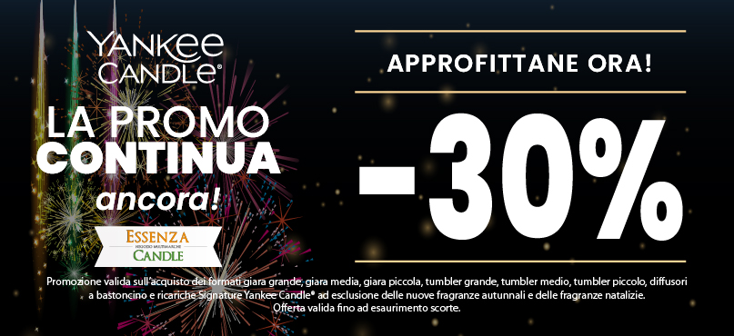 Striscione promozionale di Yankee Candle con fuochi d'artificio sullo sfondo, che annuncia un'offerta di sconto del 30% in grassetto grande e ulteriori dettagli sull'offerta sui tipi di prodotti idonei in caratteri più piccoli. Striscione promozionale di Yankee Candle con fuochi d'artificio sullo sfondo, che annuncia un'offerta di sconto del 30% in grassetto grande e ulteriori dettagli sull'offerta sui tipi di prodotti idonei in caratteri più piccoli.