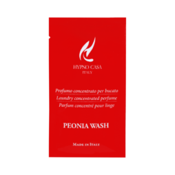 Bustina rossa di Hypno Casa Profuma Bucato - Monodose - Peonia Wash (10 ml), profumo per il bucato con testo in italiano, inglese e francese, un logo bianco nella parte superiore e la dicitura "Made in Italy" in fondo.