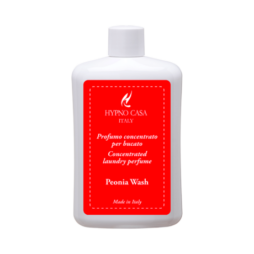 Una bottiglia bianca da 400 ml di profumo concentrato per bucato Hypno Casa Profuma Bucato Peonia Wash, con un'etichetta rossa recante la dicitura "Made in Italy" e informazioni in italiano e inglese.