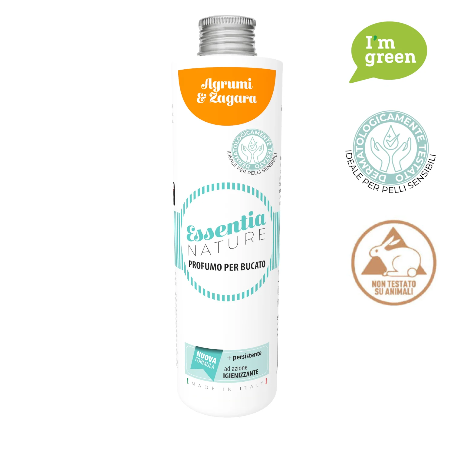Agrumi & Zagara – Profumo per Bucato – Essentia 500 ml Essentia 500 ml Un flacone bianco di Agrumi & Zagara - Profumo per bucato - Essentia 500 ml, con profumo di agrumi e fiori d'arancio, icone ecologiche, ipoallergeniche e cruelty-free, ed etichetta verde "I'm green".