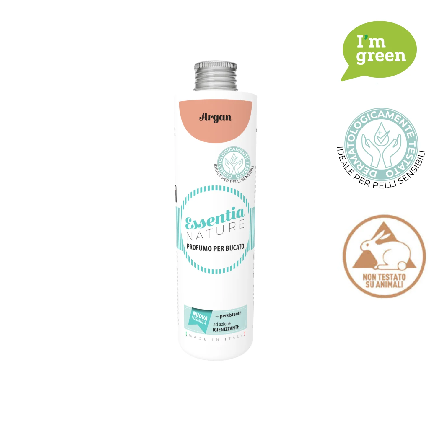 Argan – Profumo per il Bucato – Essentia 250 ml Essentia 250 ml È esposto un flacone di Essentia Argan - Profumo per il Bucato 250 ml, accompagnato da tre cartellini: "Sono verde", "Dermatologicamente testato, ideale per pelli sensibili" e "Non testato su animali".