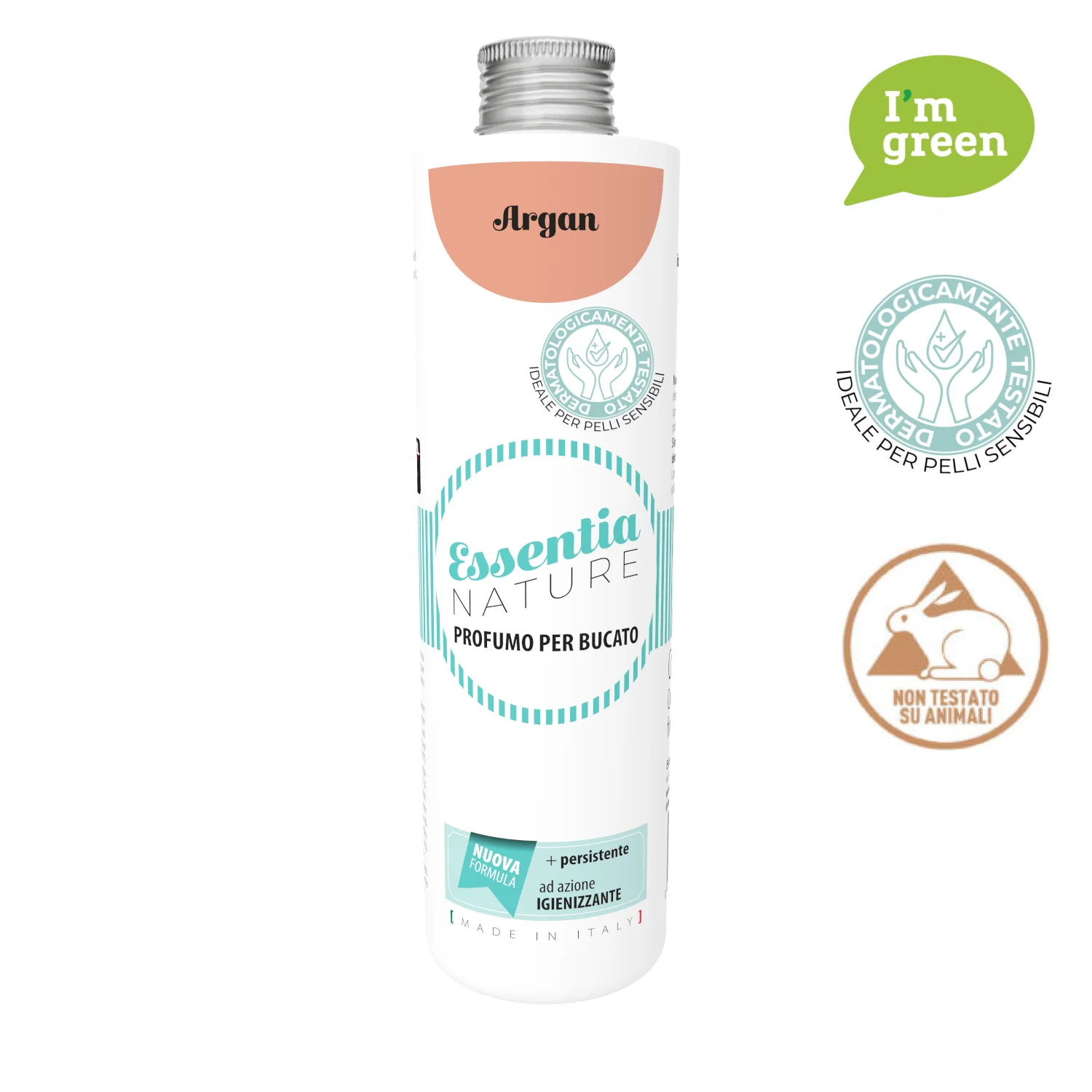 Argan – Profumo per il Bucato – Essentia 500 ml Essentia 500 ml Il flacone bianco da 500 ml di Essentia Argan Profumo per il Bucato, con accenti verdi e beige, presenta etichette ecologiche e cruelty-free, è ideale per le pelli sensibili e mostra un badge verde "I'm green".