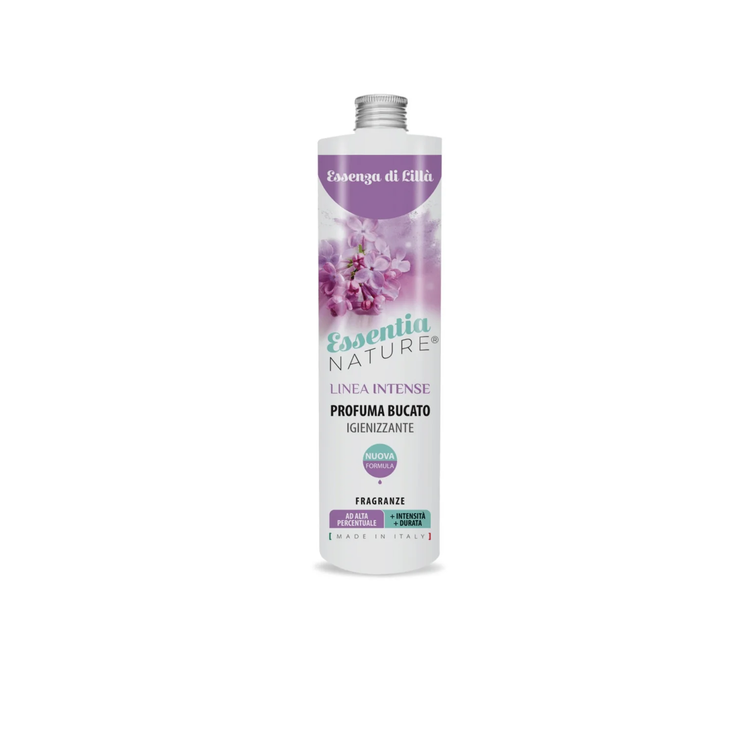 Essenza di Lilla’ – Profumo per Bucato – Essentia – 250 ml Essentia 250 ml Flacone da 250 ml di Essentia Essenza di Lilla Profumo per Bucato, con fiori viola e dettagli del prodotto su sfondo bianco.