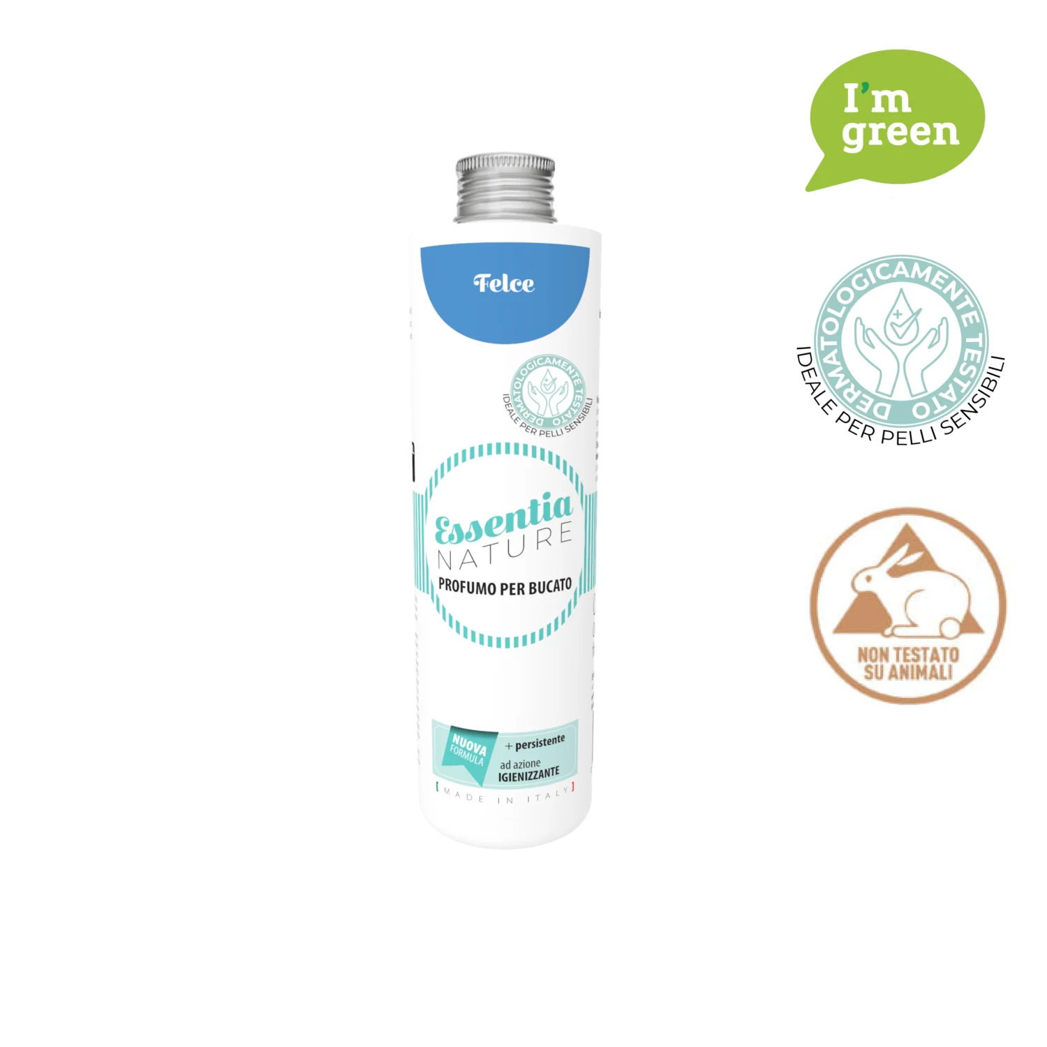 Felce – Profumo per il Bucato – Essentia – 250 ml Essentia 250 ml Un flacone bianco di Felce Profumo per il Bucato Essentia 250 ml, adatto alle pelli sensibili e cruelty-free, presenta le icone di certificazione verde e marrone "I'm green" e "dermatologically tested".