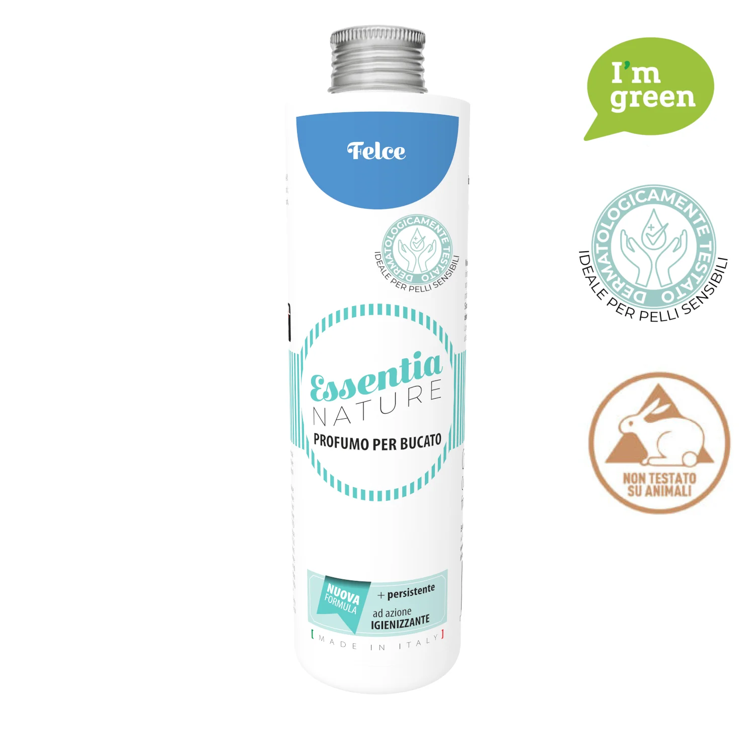 Felce – Profumo per il Bucato – Essentia – 500 ml Essentia 500 ml Il flacone bianco da 500 ml di Felce - Profumo per il Bucato di Essentia con etichetta italiana presenta un tappo argentato e accenti blu-verdi Felce. Le icone indicano che è vegano, ecologico, cruelty-free e delicato per le pelli sensibili.