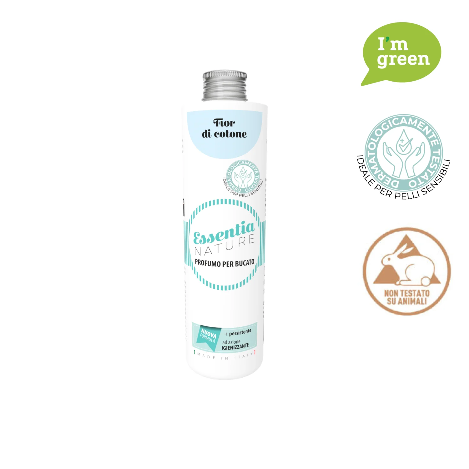 Fior di Cotone – Profumo per Bucato – Essentia – 250 ml Essentia 250 ml Un flacone bianco da 250 ml di Essentia Fior di Cotone Profumo per Bucato con le icone "I'm green", "dermatologically tested" e "cruelty-free" accanto alla confezione pulita e minimale, a dimostrazione di una formula delicata ed ecologica.