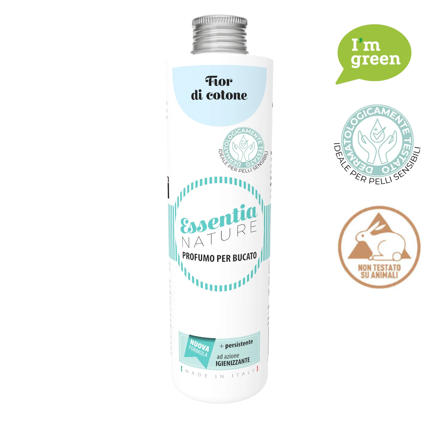 Fior di Cotone – Profumo per Bucato – Essentia – 500 ml Essentia 500 ml Viene mostrato un flacone bianco da 250 ml di Essentia Profumo per Bucato "Fior di Cotone", con le icone ecologiche e cruelty-free sulla destra.