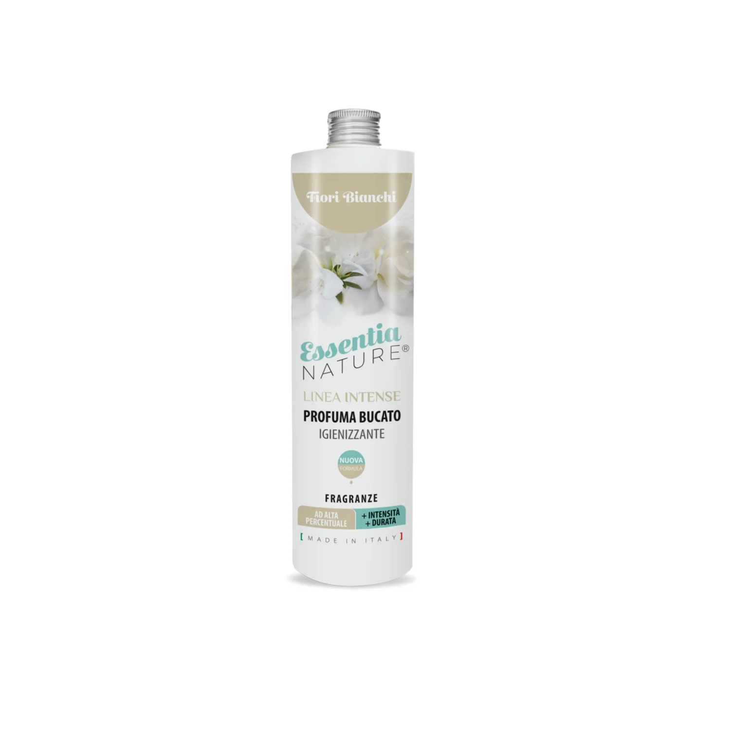 Fiori Bianchi – Profumo per il Bucato – Essentia – 250 ml Essentia 250 ml Un flacone bianco da 250 ml di Essentia Fiori Bianchi Profumo per il Bucato, prodotto in Italia, presenta fiori bianchi sull'etichetta e un testo che indica la fragranza "Fiori Bianchi".