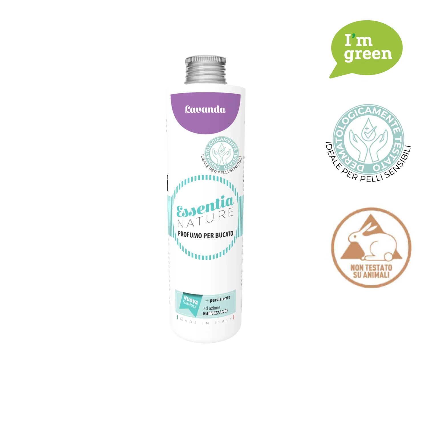 Jasmin – Profumo per il Bucato – Essentia 250 ml Essentia 250 ml Un flacone da 250 ml di profumo per bucato Essentia Jasmin. Tre icone indicano che è ecologico, dermatologicamente testato per pelli sensibili e cruelty-free. Il flacone bianco presenta accenti di verde acqua e gelsomino.