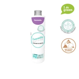 Un flacone da 250 ml di Essentia Lavanda Profumo per il Bucato presenta sul lato destro le icone "sono verde", "dermatologicamente testato" e "non testato su animali".