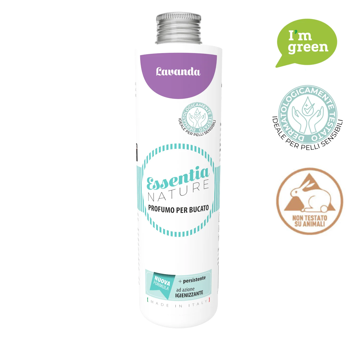 Lavanda – Profumo per il Bucato – Essentia 500 ml Essentia 500 ml Un flacone bianco da 500 ml di "Lavanda - Profumo per il Bucato" di Essentia con etichette verdi eco-friendly e cruelty-free e un'etichetta per la compatibilità con le pelli sensibili.