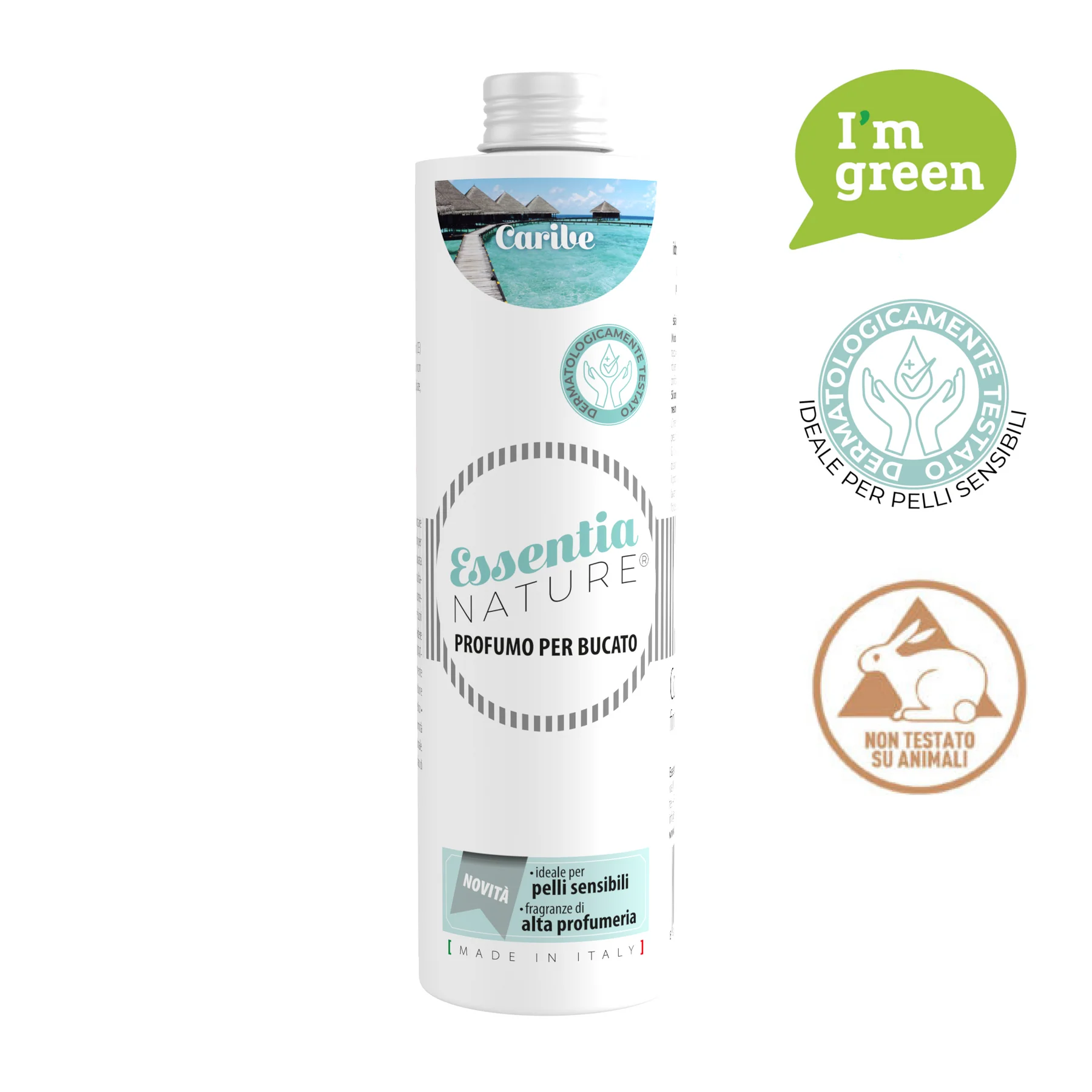 Caribe – Profumo per il Bucato – Essentia 500 ml Essentia 500 ml Un flacone bianco da 500 ml di Essentia Caribe Profumo per il Bucato, ipoallergenico, per pelli sensibili, ad alta profumazione, cruelty-free ed eco-friendly con etichetta "I'm green". Godetevi la freschezza dei Caraibi a ogni lavaggio.