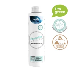 Un flacone bianco di Ocean - Profumo per il bucato - Essentia 250 ml con etichette verdi, adatto alle pelli sensibili, ecologico e cruelty-free.