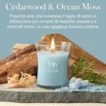 Una candela Woodwick di Candela Media alla fragranza “Cedarwood & Ocean Moss” è collocata in un contenitore di vetro blu appoggiato su delle pietre, accompagnata da felci, corallo e cristalli blu. Il testo sopra ne descrive la fragranza — una miscela di cedro, muschio marino e minerali marini — che evoca l’atmosfera rilassante delle foreste costiere e dell’aria di mare intrisa di salsedine.