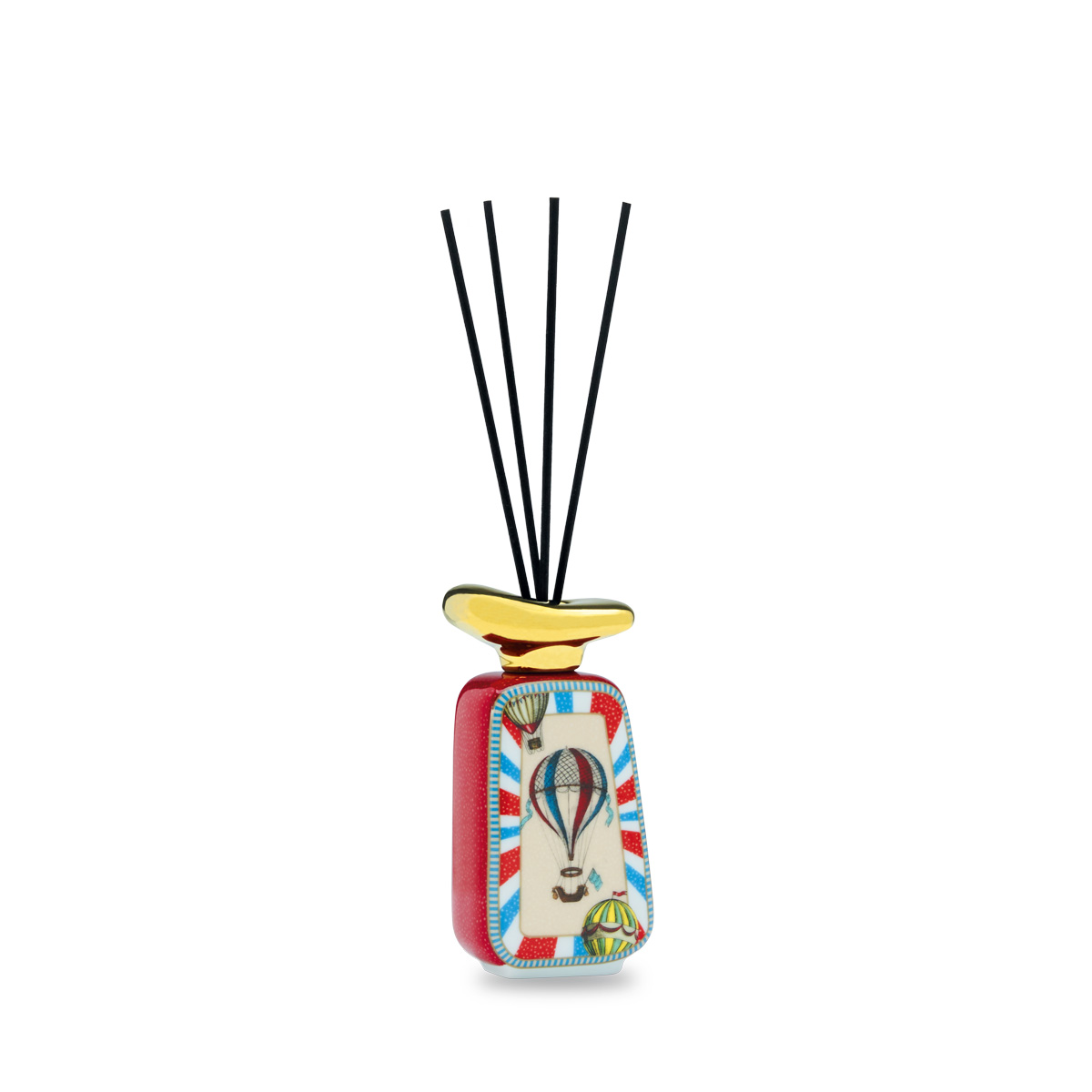 Porta Bastoncini – Henriette Bottiglia per profumo ambiente Diffusore di canne decorativo con flacone rettangolare, tappo dorato e disegno di mongolfiera colorata sulla parte anteriore. Quattro canne nere si estendono verso l'alto dalla parte superiore.