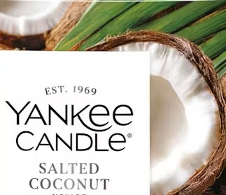 Salted Coconut – Candela Media – Yankee Candle 250 Punti Primo piano di un'etichetta di Yankee Candle con la scritta "Salted Coconut" (cocco salato) accanto a una noce di cocco tagliata a metà e a foglie verdi sullo sfondo.