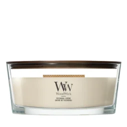 La candela Patchouli Creme Ellipse di WoodWick è caratterizzata da una cera beige cremosa in un elegante bicchiere ovale con coperchio in legno scuro, perfetto per aggiungere calore e stile a qualsiasi spazio.