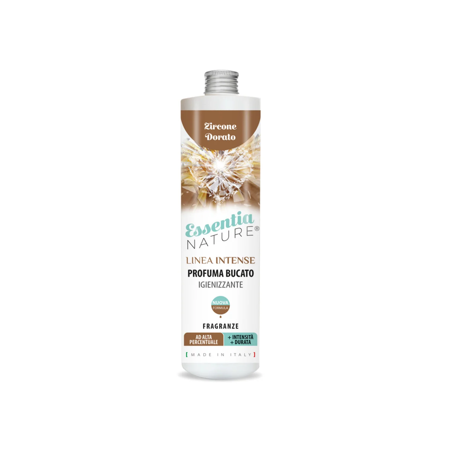 Zircone Dorato – Profumo per il bucato – Essentia 250 ml Essentia 250 ml Flacone da 250 ml di Essentia Zircone Dorato Profumo per il bucato, con etichetta marrone e bianca e tappo argentato. Prodotto in Italia, questo profumo per il bucato è perfetto per rinfrescare il bucato.
