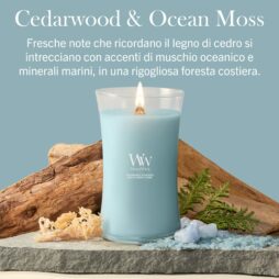 Una grande candela Cedarwood & Ocean Moss di WoodWick, di colore azzurro chiaro, è appoggiata su una superficie in legno e circondata da cedro, muschio, minerali marini e vegetazione. Il testo in italiano descrive la sua fragranza unica Cedarwood & Ocean Moss ed esalta l’inconfondibile atmosfera crepitante che solo le candele WoodWick sanno offrire.