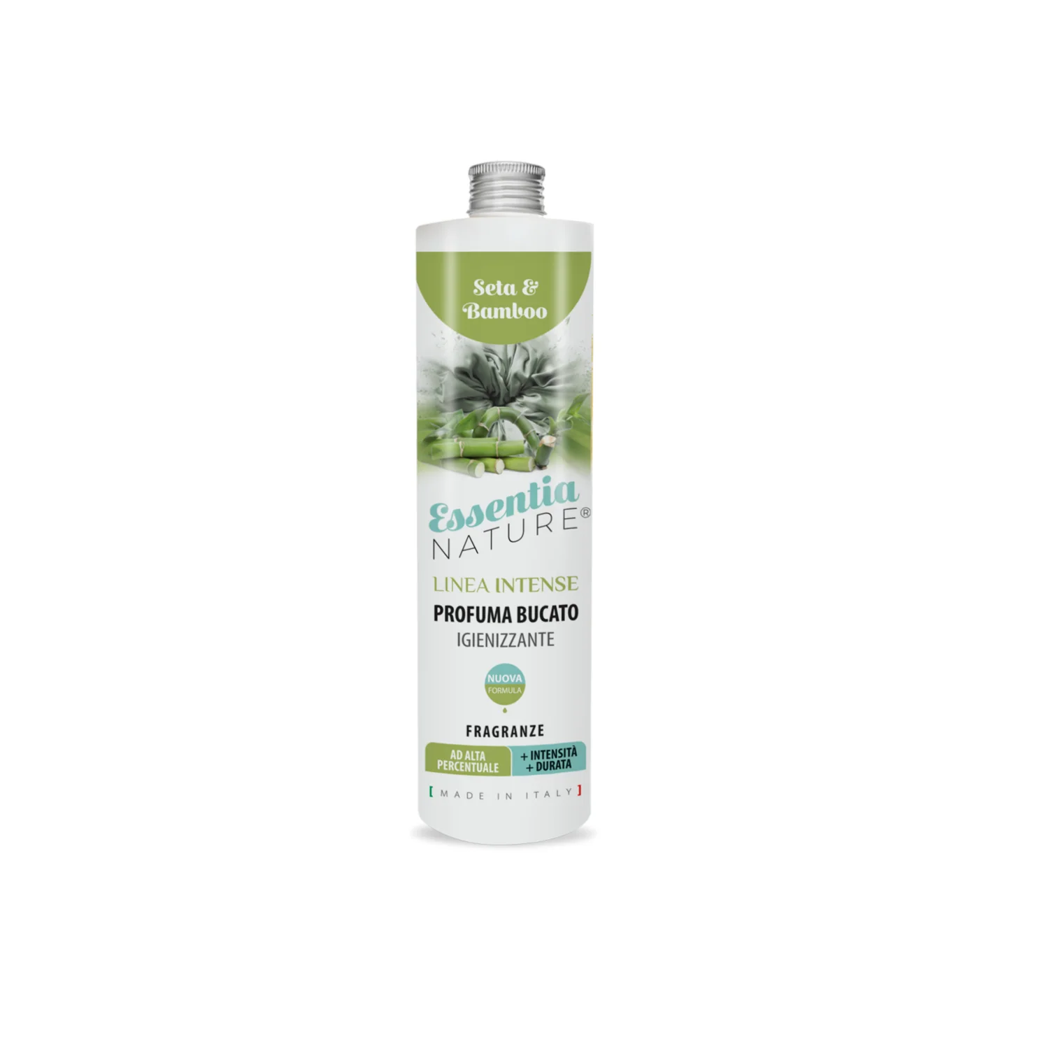 Seta e Bamboo – Profumo per il bucato – Essentia 250 ml Essentia 250 ml Flacone da 250 ml di Essentia Seta e Bamboo Profumo per il bucato, con etichetta verde e bianca e immagine del bambù. Questo profumo per il bucato, prodotto in Italia, aggiunge un profumo fresco e pulito al vostro bucato.