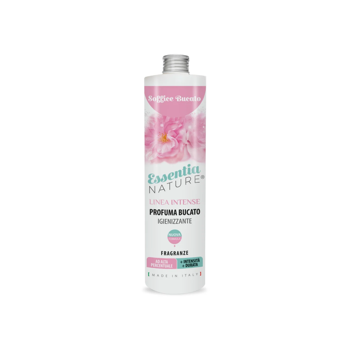 Soffice Bucato – Profumo per il Bucato – Essentia 250 ml Essentia 250 ml Flacone da 250 ml di Essentia Soffice Bucato, con testo in italiano e accenti floreali rosa su un'etichetta bianca, ideale per un soffice bucato profumato.