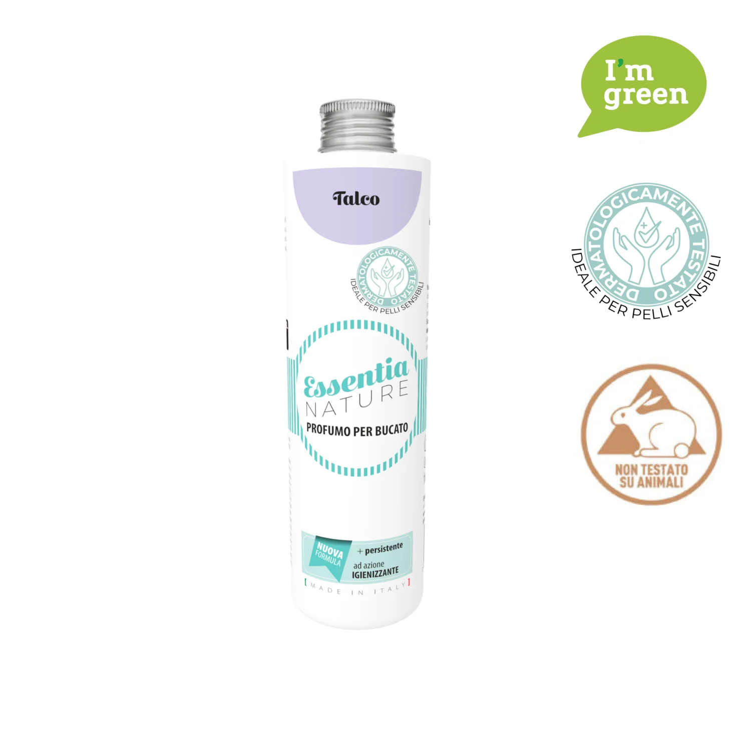 Talco – Profumo per il bucato – Essentia 250 ml Essentia 250 ml Il flacone bianco di Essentia Talco - Profumo per il bucato 250 ml presenta un tappo grigio e un'etichetta verde acqua. Il testo italiano è visibile, mentre i simboli eco-friendly, vegan e cruelty-free appaiono accanto al prodotto.