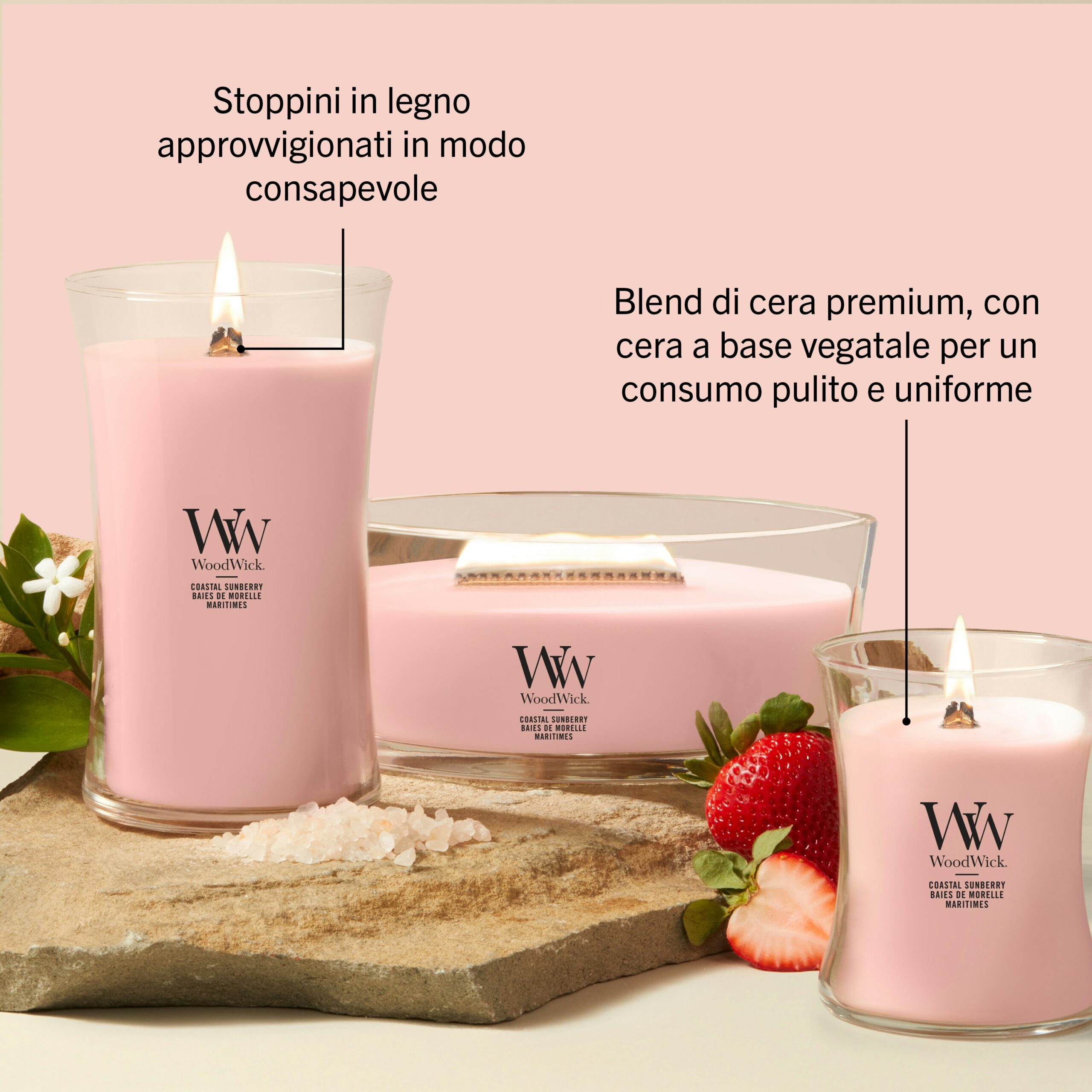 Coastal Sunberry – Ellipse – Woodwick Ellipse 4 Tre candele Coastal Sunberry - Candela Grande - Woodwick in barattoli di vetro rosa sono disposte su una superficie beige accanto a fragole, fiori di vaniglia e foglie verdi. Il testo in italiano mette in risalto i loro stoppini in legno e la miscela di cera di soia di alta qualità, sottolineando la rinfrescante fragranza Coastal Sunberry disponibile nel formato Candela Grande.