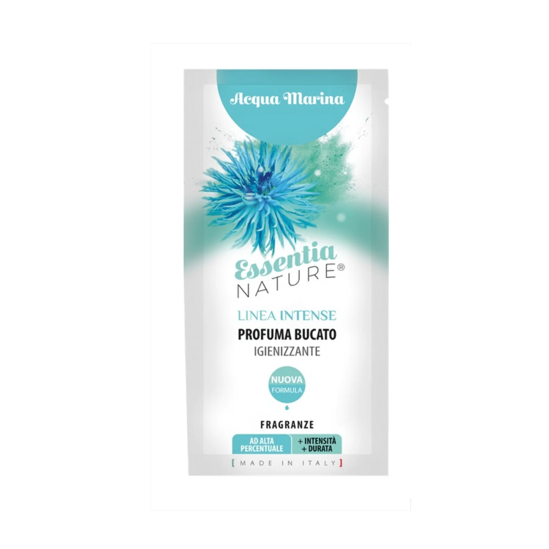 Acqua Marina – Monodose 20 ml -Essentia Nature Monodose 20 ml Una confezione monodose da 20 ml di Essentia Nature Acqua Marina, con testo in italiano e disegno di un fiore blu su sfondo bianco, offre una fragranza igienizzante.