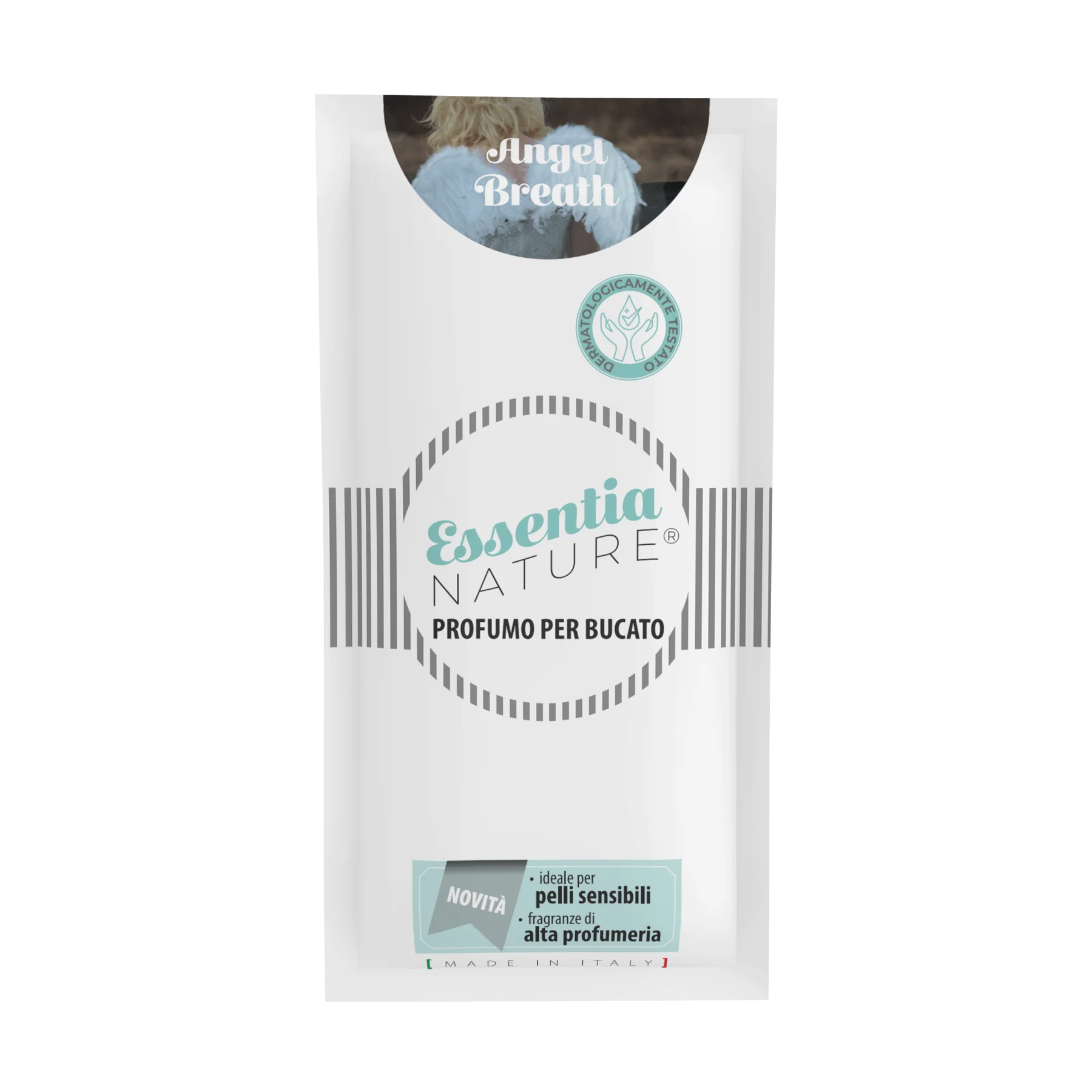 Angel Breath – Monodose 20 ml -Essentia Nature Essentia Nature Una confezione bianca con l'etichetta "Angel Breath - Monodose 20 ml - Essentia Nature" presenta accenti verdi e grigi, testo in italiano e una piccola foto di una persona dai capelli biondi in alto.