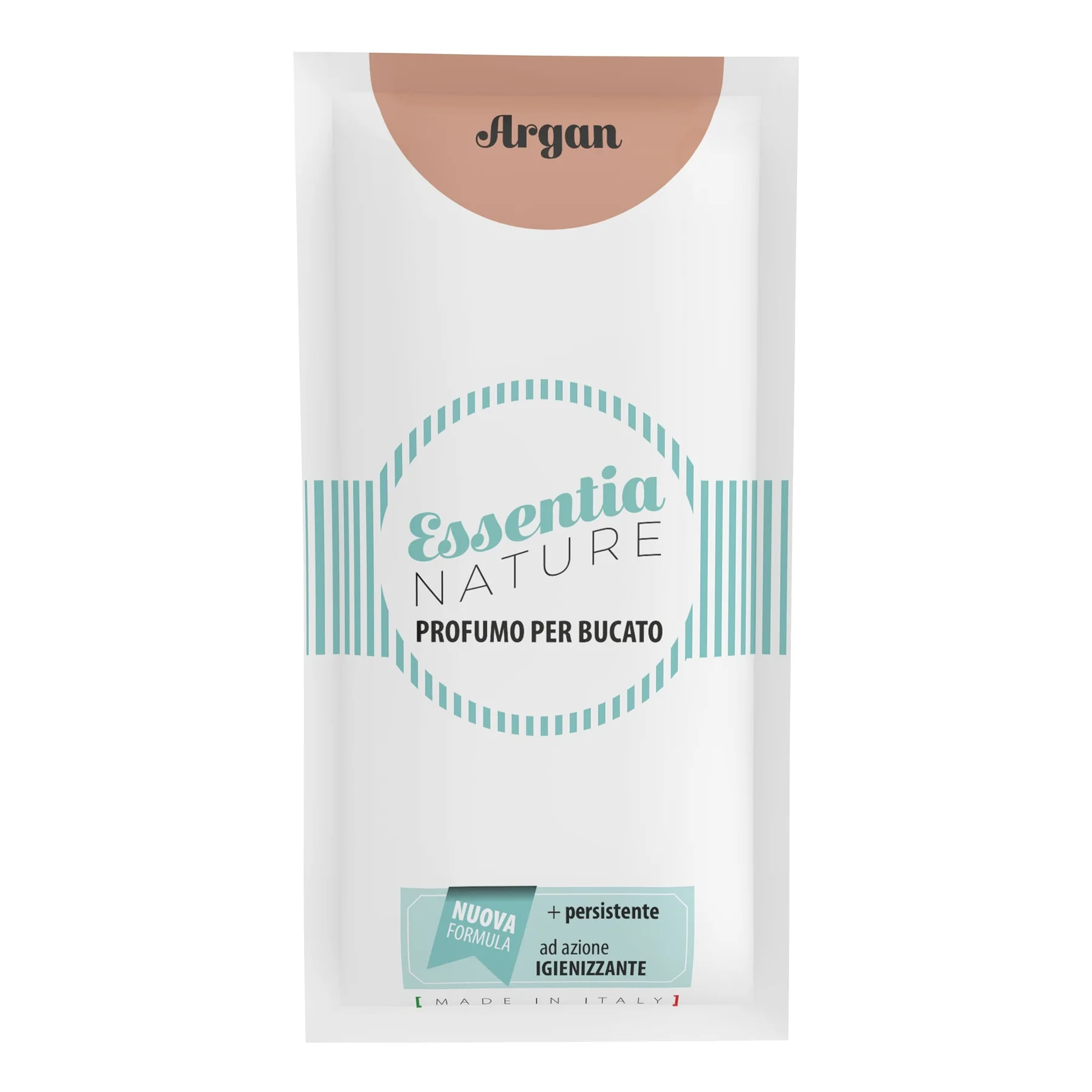 Argan – Monodose 20 ml -Essentia Nature Essentia Nature Una confezione monodose bianca etichettata "Argan - Monodose 20 ml - Essentia Nature" con accenti verdi e marroni, con la dicitura "Nuova Formula", che indica un prodotto italiano per la profumazione del bucato.