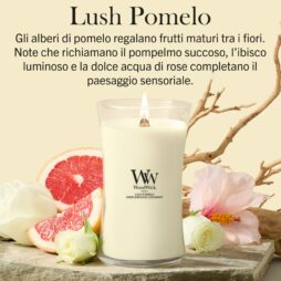La candela “A Lush Pomelo - Candela Grande” di Woodwick è adagiata tra metà di pompelmo rosa, fiori bianchi e delicati petali. Il testo che la accompagna descrive la fragranza della candela con note di pompelmo, ibisco e acqua di rose.