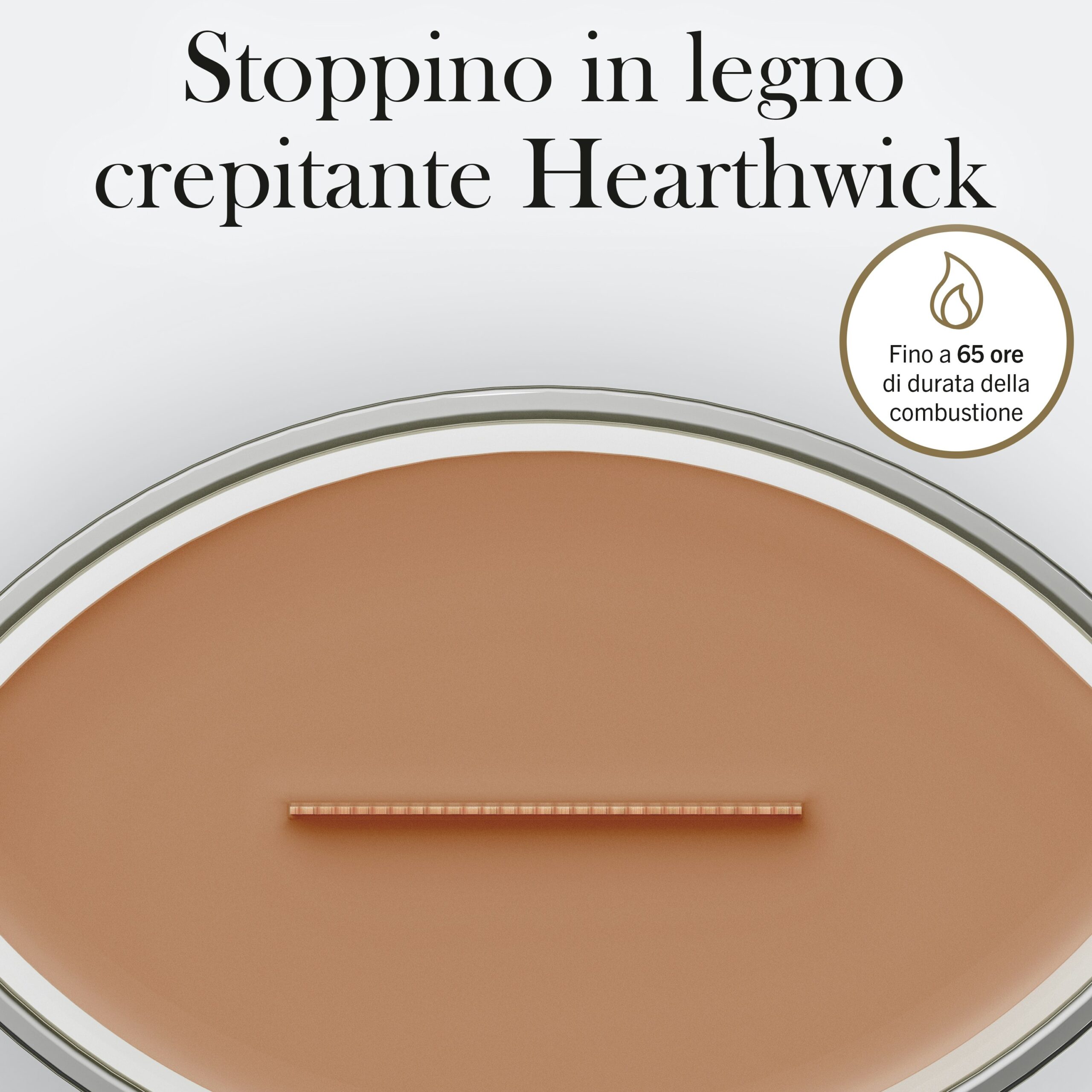 Hazelnut Roast – Ellipse – Woodwick Ellipse 5 La candela Hazelnut Roast - Ellipse - Woodwick, raffigurata dall’alto, è caratterizzata da una cera marrone e da uno stoppino in legno. Il testo in italiano ne sottolinea lo «Stoppino in legno crepitante Hearthwick» e una durata di combustione fino a 65 ore. Il caratteristico design Woodwick esalta l’atmosfera, rendendola perfetta per assaporare la ricca fragranza Hazelnut Roast.