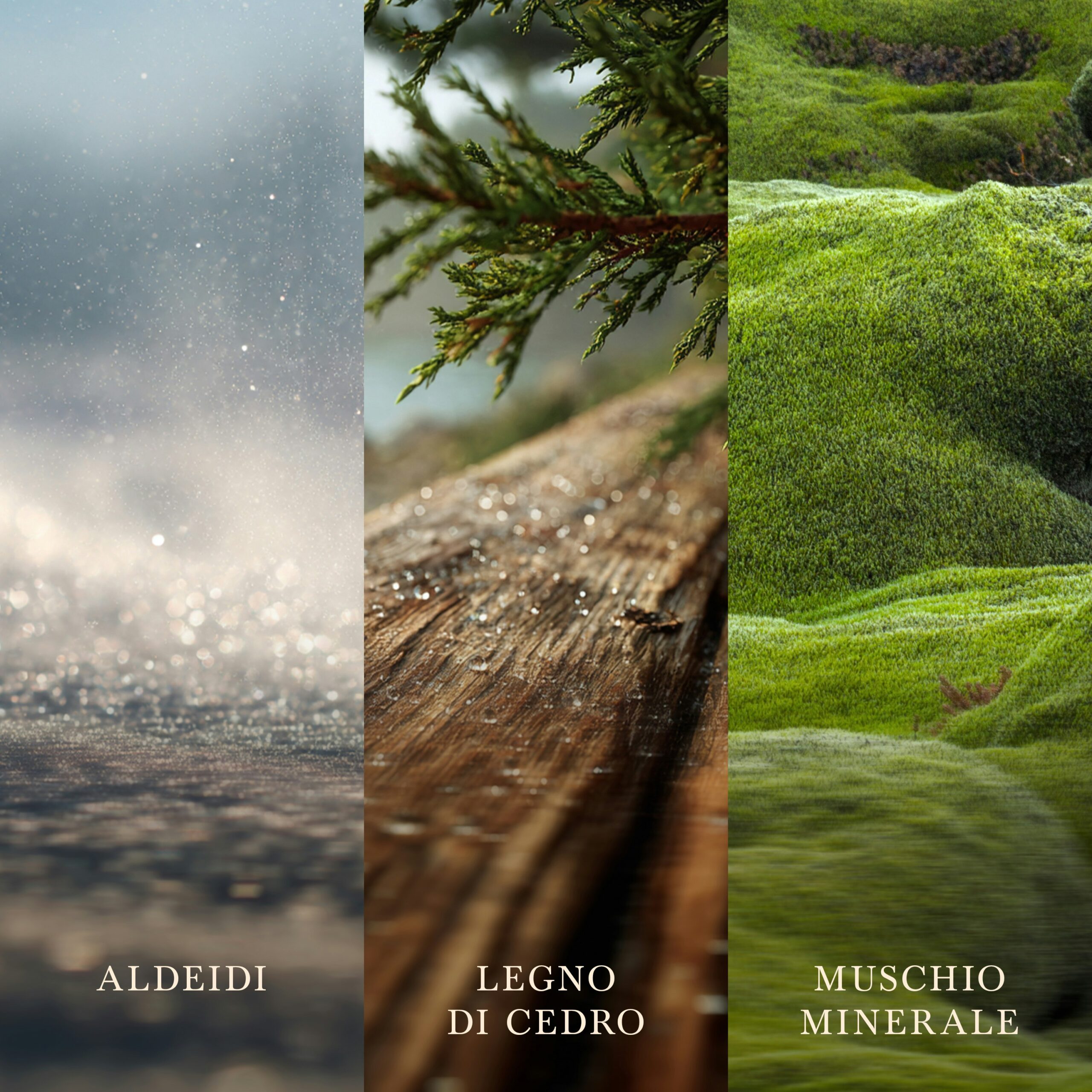 Lakeside Mist – Candela Grande – Woodwick Giara Grande 5 Tre pannelli verticali mostrano: una nebbia scintillante con la scritta “ALDEIDI”, un ramo di cedro su un pezzo di legno con la scritta “LEGNO DI CEDRO” e un muschio verde rigoglioso con la scritta “MUSCHIO MINERALE” — ogni elemento cattura l’essenza rinfrescante di Lakeside Mist - Candela Grande - Woodwick.
