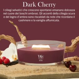 Una candela WoodWick Dark Cherry Ellipse è appoggiata su una superficie decorata con ciliegie, baccelli di vaniglia e un fiore di vaniglia. La scena si svolge su uno sfondo bordeaux intenso, con un testo in italiano che descrive le note olfattive della candela.