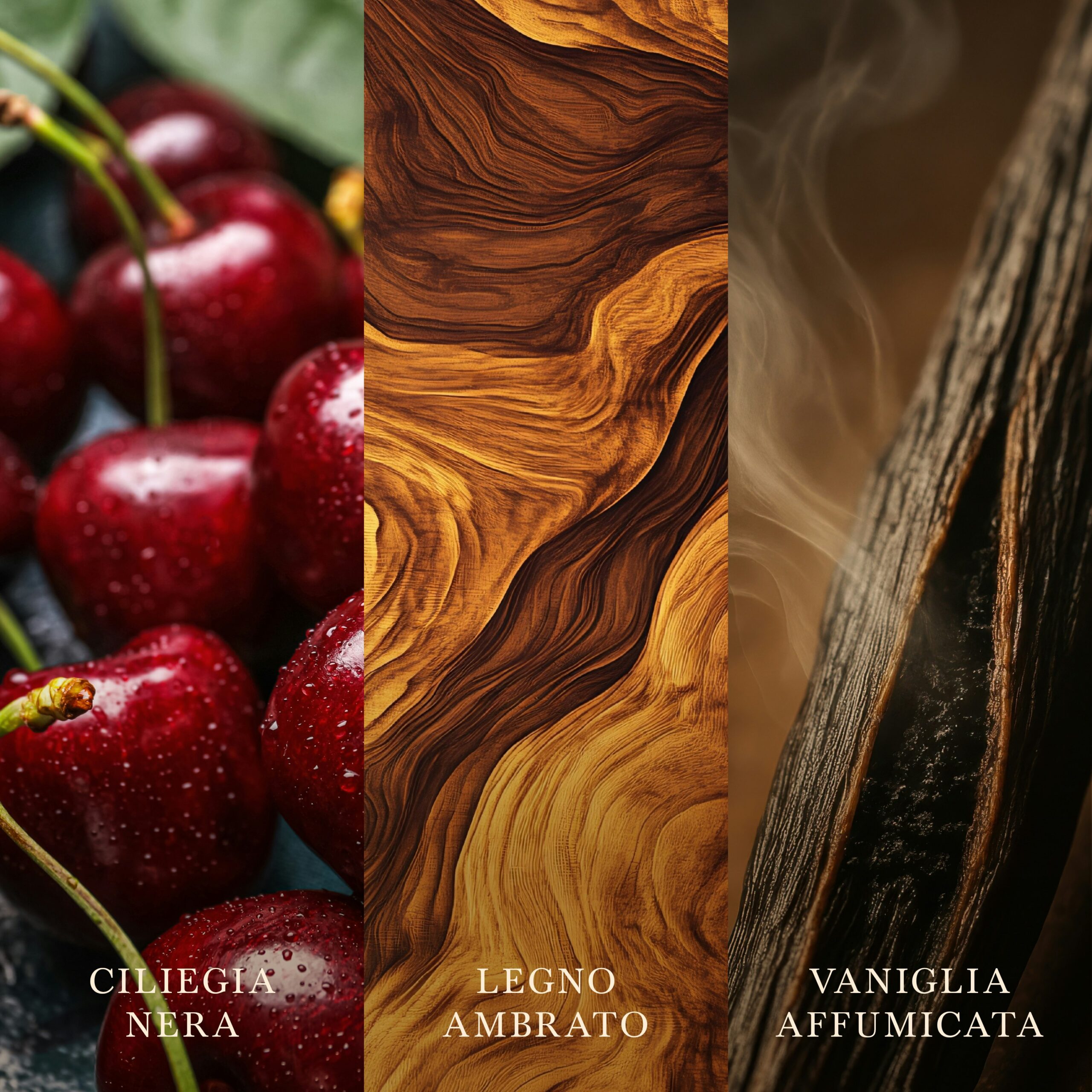Dark Cherry – Ellipse – Woodwick Ellipse 3 Tre pannelli verticali: “Dark Cherry” a sinistra, al centro un legno marrone dalle venature ricche che richiama la fragranza caratteristica di Woodwick, e a destra baccelli di vaniglia affumicati. Ciascun pannello reca l’etichetta in italiano con la dicitura “Dark Cherry – Candela Media – Woodwick”.