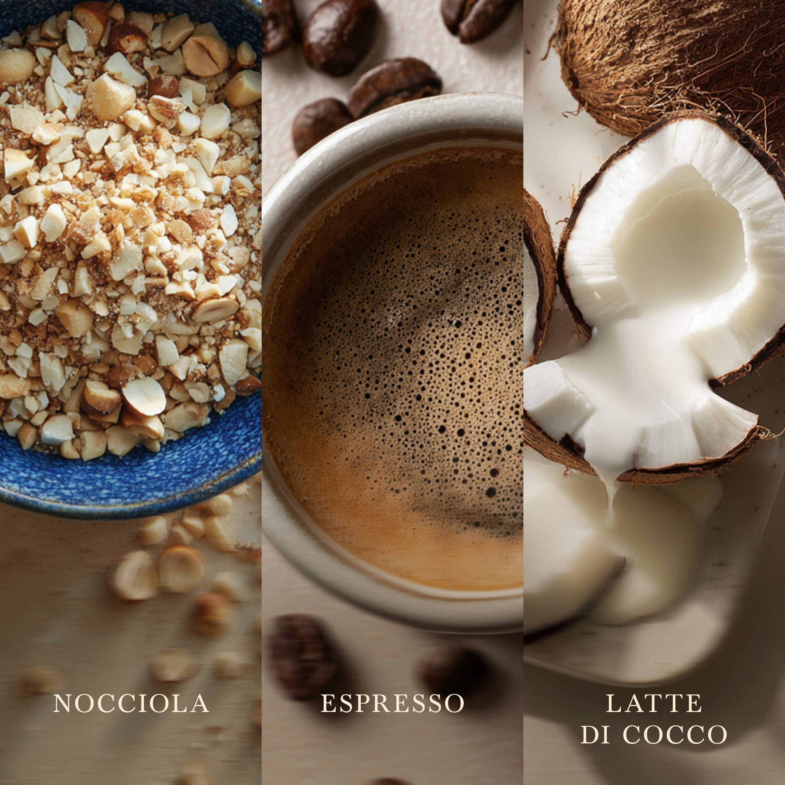 Hazelnut Roast – Candela Grande – Woodwick Giara Grande 5 Un collage raffigura nocciole tritate in una ciotola, una tazza di espresso ricoperta da una crema vellutata e una noce di cocco spaccata traboccante di latte — ciascuna con l’etichetta: Nocciola, Espresso, Latte di Cocco. Ispirato al profumo avvolgente della candela «Hazelnut Roast - Candela Grande - Woodwick», è perfetto per creare un’atmosfera calda e accogliente nei tuoi spazi.