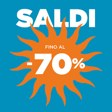 Golden Bourbon – Giara Grande – Woodwick Giara Grande Sfondo blu con un grande motivo a raggi di sole arancione. In alto, in caratteri bianchi in grassetto, si legge "SALDI". All'interno del motivo a raggi di sole, una scritta più piccola recita "FINO AL -70%", indicando sconti fino al 70% in italiano.