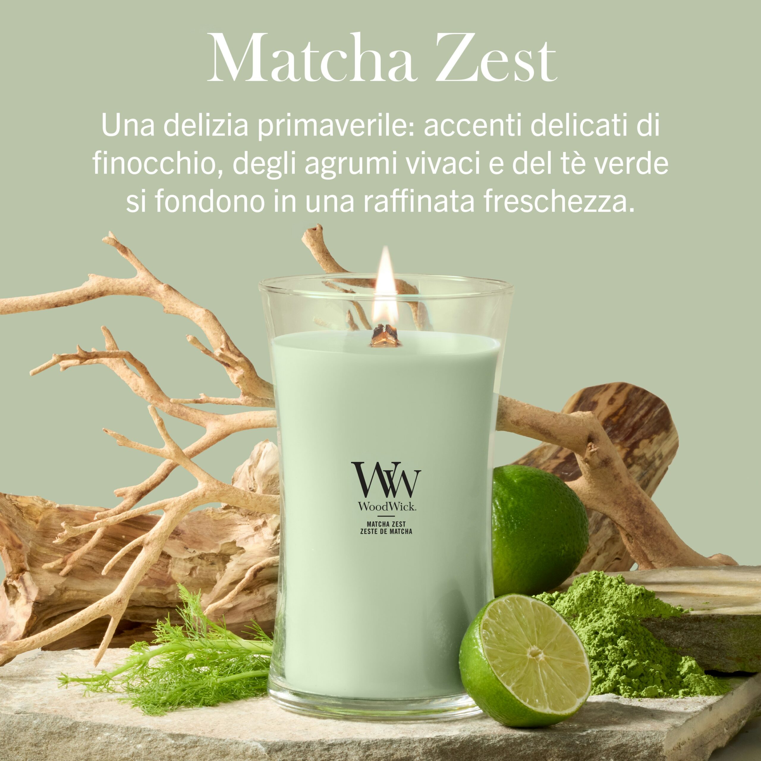 Matcha-Zest Candela Grande – Woodwick Giara Grande Una candela "Matcha-Zest Candela Grande" - Woodwick di colore verde è accesa e disposta tra metà di lime, polvere di matcha, finocchio e rametti. Il testo in italiano descrive la fragranza fresca e primaverile della candela, caratterizzata da note di finocchio, agrumi e tè verde.