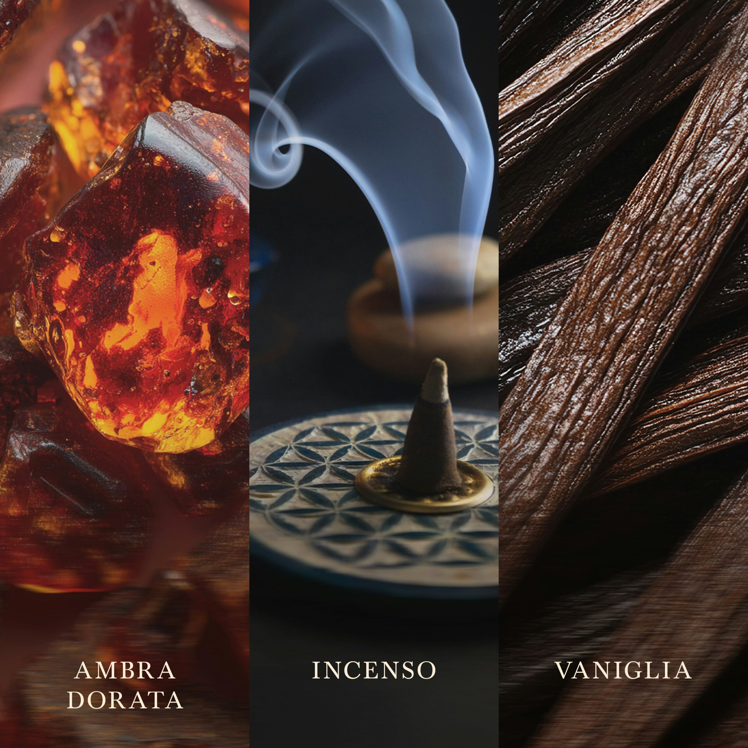 Radiant Amber – Candela Media – WoodWick Giara media 7 Primo piano su resina ambrata, cono di incenso con fumo e baccelli di vaniglia — contrassegnati con le diciture "AMBRA DORATA", "INCENSO" e "VANIGLIA" per rappresentare le diverse note olfattive — ispirato alla fragranza Radiant Amber di WoodWick Candela Media.