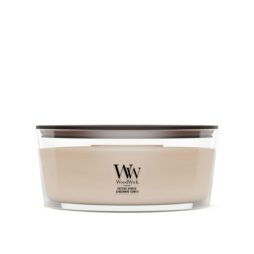 Crystal Ginger – Ellipse – Woodwick Ellipse Una candela Crystal Ginger WoodWick color crema, contenuta in un elegante recipiente di vetro di forma ellittica con coperchio nero.