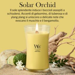 Un’orchidea solare - Candela Grande - WoodWick di colore giallo poggia su una superficie beige accanto a pezzi di legno, un frutto di bergamotto e foglie verdi, il tutto disposto su uno sfondo giallo coordinato, impreziosito da una didascalia in italiano che ne descrive la fragranza.