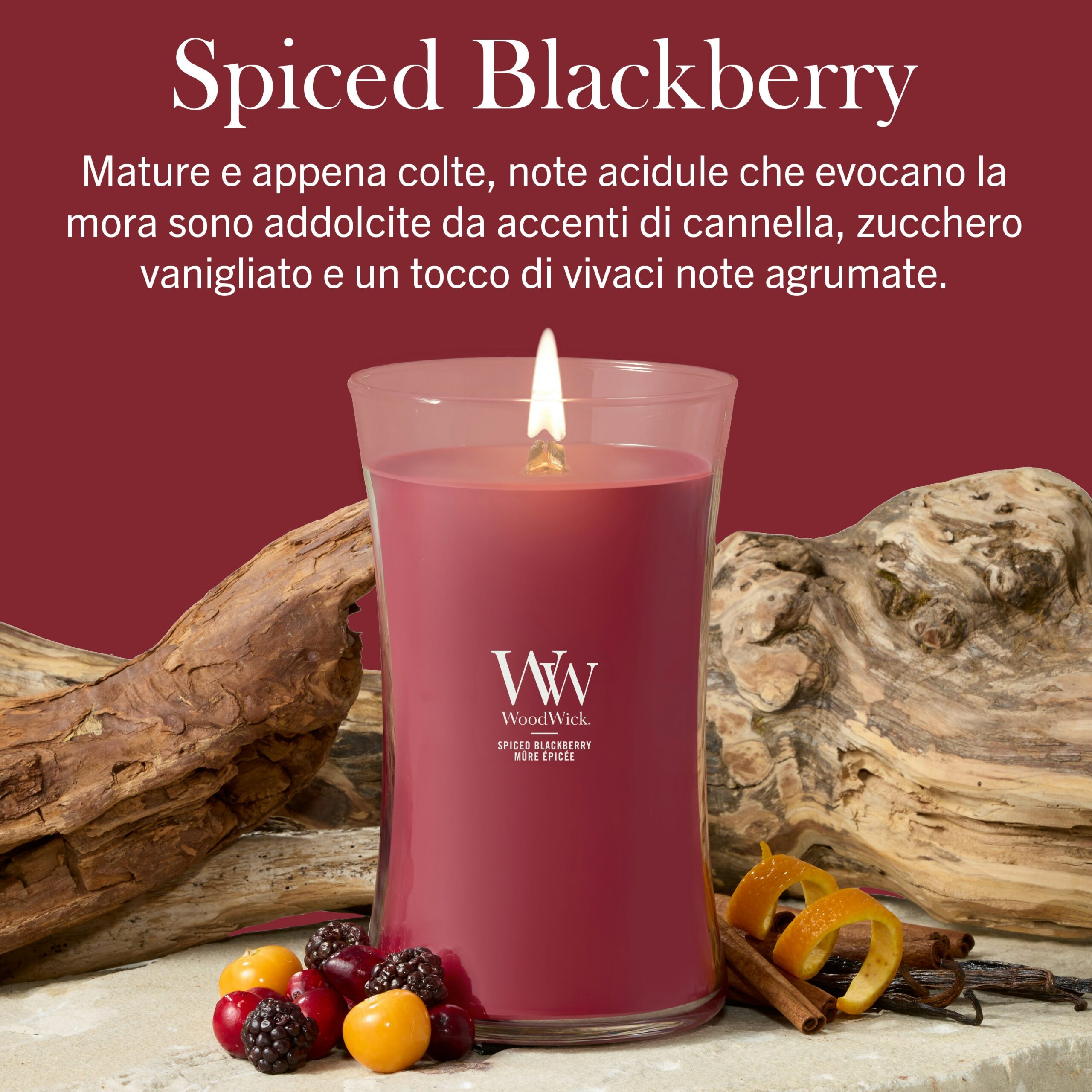 Spiced Blackberry – Candela Grande – Woodwick Giara Grande Una candela “Spiced Blackberry - Candela Grande - Woodwick” di colore rosso risplende tra pezzi di legno galleggiante, bastoncini di cannella, more, lamponi e fette d’arancia su una superficie beige, con un testo descrittivo in italiano sopra, su uno sfondo bordeaux.