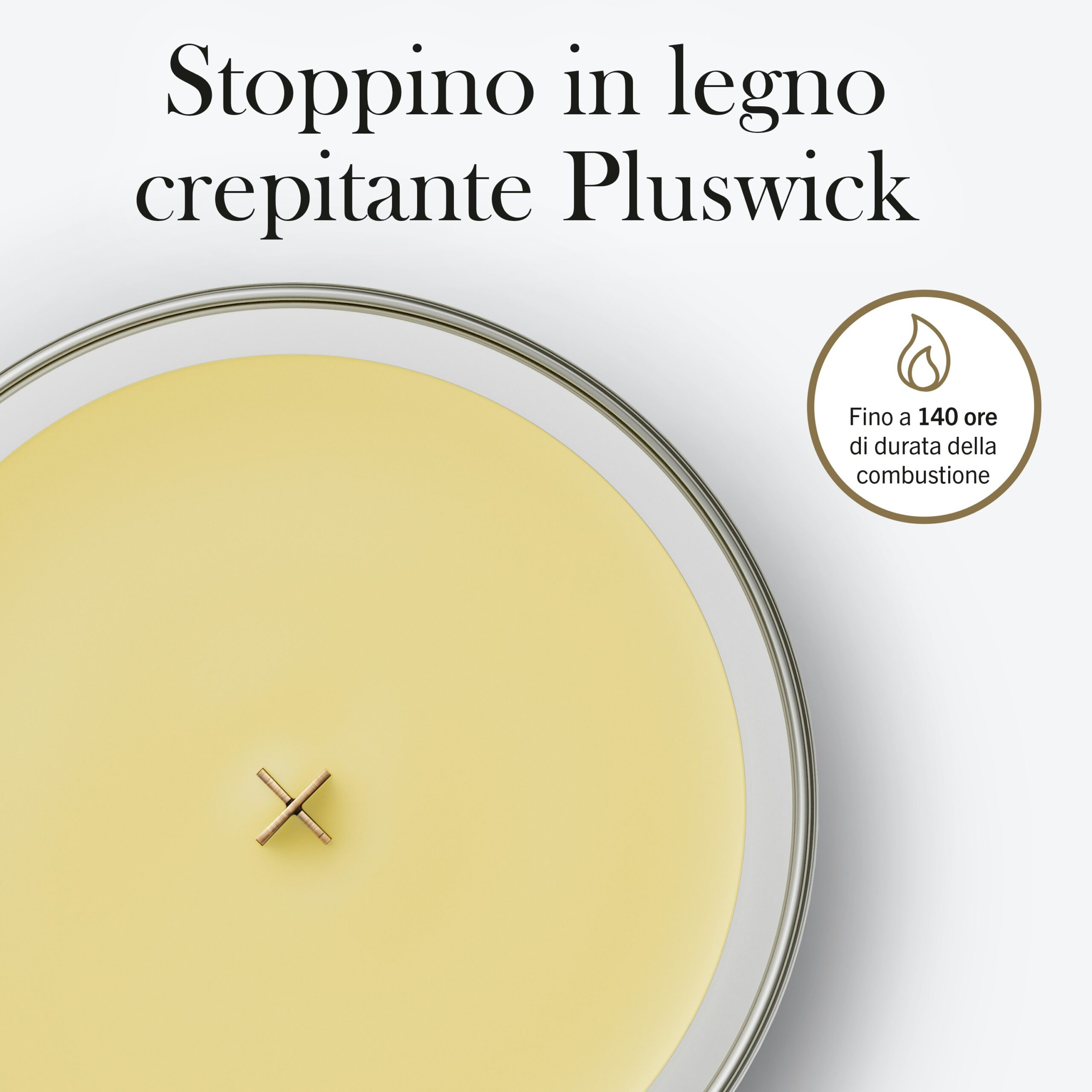 Yuzu & Vetiver – Candela Grande – WoodWick Giara Grande 4 Una vista dall'alto della candela Yuzu & Vetiver - Candela Grande - WoodWick, una candela gialla dotata di stoppino in legno. Il testo in italiano riportato sul prodotto ne sottolinea lo “stoppino crepitante Pluswick” e promette fino a 140 ore di autonomia, mentre le delicate note di vetiver e yuzu aggiungono un tocco di raffinatezza all’esperienza olfattiva.