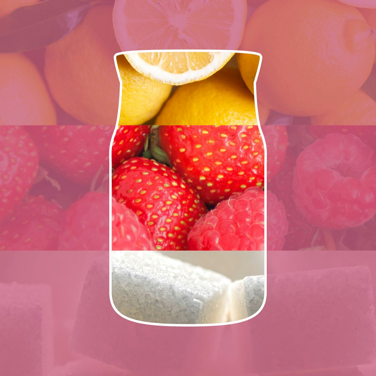 Iced Berry Lemonade – Candela Piccola – Yankee Candle 100 Punti 2 Un vivace collage composto da limoni, fragole, lamponi e una saponetta grigia è sapientemente disposto all’interno di un contorno a forma di abito, su uno sfondo dai colori delicatamente sbiaditi che raffigura una varietà di frutta, catturando magnificamente lo spirito vivace della fragranza “Iced Berry Lemonade - Candela Grande” di Yankee Candle.